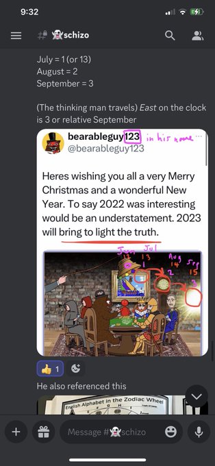 Discord screenshot showing a message from schizo channel with a quoted tweet from bearableguy123 wishing Merry Christmas and stating "2023 will bring to light the truth," along with a psychedelic family dinner image.