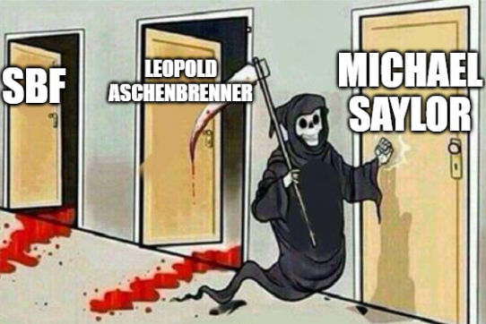 A grim reaper, representing consequences or downfall, approaches a door labeled "MICHAEL SAYLOR", implying he is the next in line after "SBF" and "LEOPOLD ASCHENBRENNER." The bloody trail leading from previous doors suggests a cautionary tale against becoming a central figure in a problematic situation.