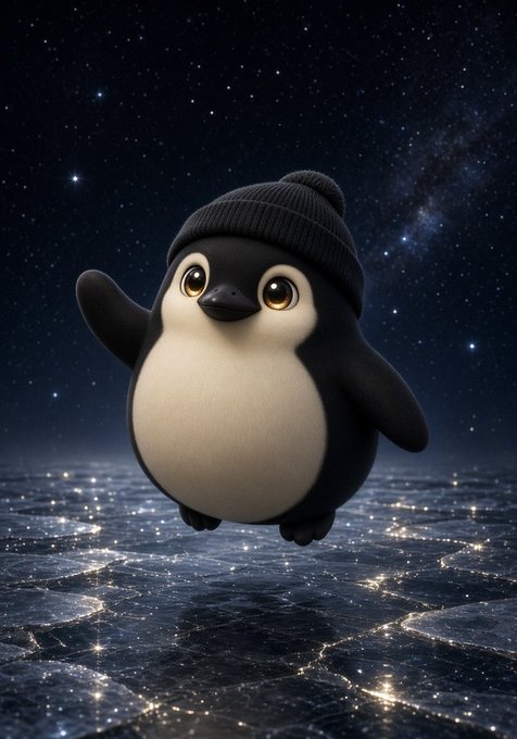 A cute 3D-rendered penguin wearing a dark gray beanie floats against a starry night sky above a glittering icy surface.