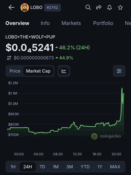 A CoinGecko screenshot showing the LOBO•THE•WOLF•PUP (#2742) cryptocurrency at $0.045241, up 46.2% in 24 hours, with a green market cap chart showing a sharp spike.