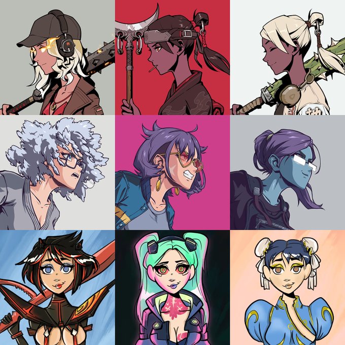 A 3x3 grid showcasing nine diverse character portraits in an anime style, featuring various figures with distinct hairstyles, accessories like glasses and horns, and colorful backgrounds.