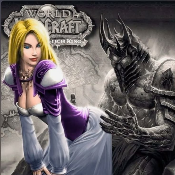 World of Warcraft: Wrath of the Lich King promotional artwork featuring a blonde woman in a purple and white dress alongside the armored Lich King.