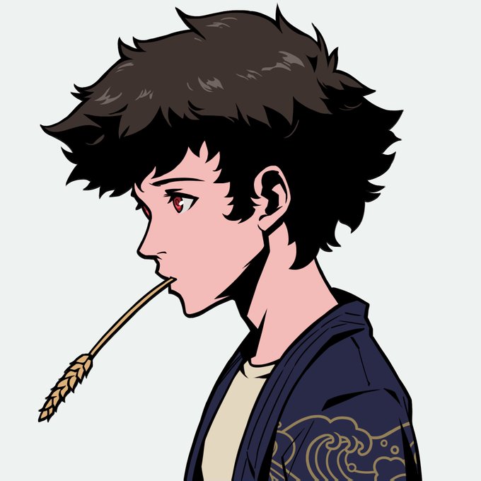An anime-style illustration of a young man in profile view with messy black hair, a red eye, and wearing a dark blue garment with gold wave patterns, holding a stalk of wheat in his mouth.