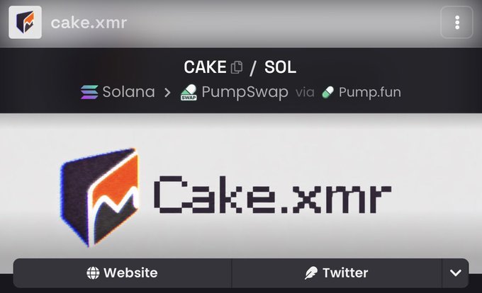 A cryptocurrency token page showing 'cake.xmr' with the ticker CAKE/SOL, available on Solana via PumpSwap and Pump.fun, featuring an orange and black angular logo.