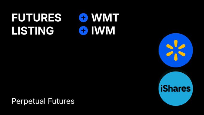 A black graphic listing 'FUTURES LISTING' additions of WMT and IWM, with a Walmart spark logo and iShares logo, and 'Perpetual Futures' labeled below.