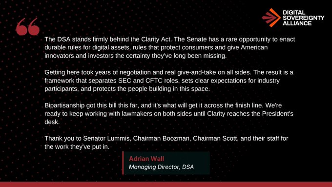 A Digital Sovereignty Alliance statement by Managing Director Adrian Wall supporting the Clarity Act, thanking Senator Lummis, Chairman Boozman, and Chairman Scott for their legislative work.