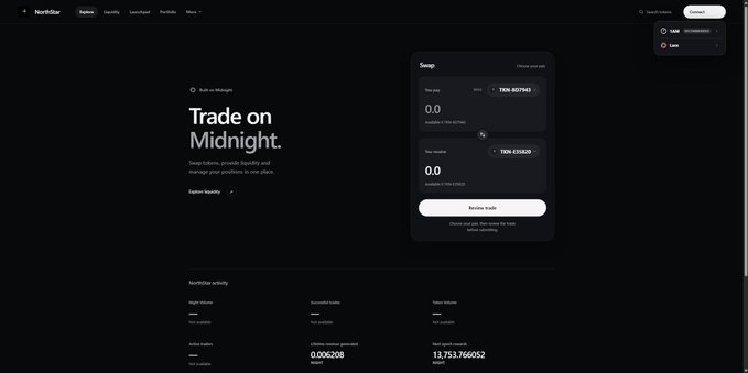 Website screenshot showing a cryptocurrency swap interface for 'NorthStar' with the headline 'Trade on Midnight' and a swap widget between TRX and TEN tokens.