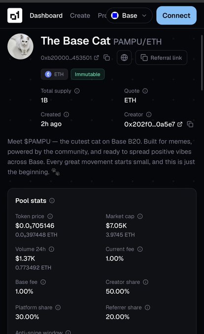 The image displays the token details for "$PAMPU," a meme coin on the Base network, showcasing its current market cap of $7.05K and 24-hour trading volume of $1.37K. This visual information supports the accompanying post's claims of "$PAMPU's" significant growth and potential.