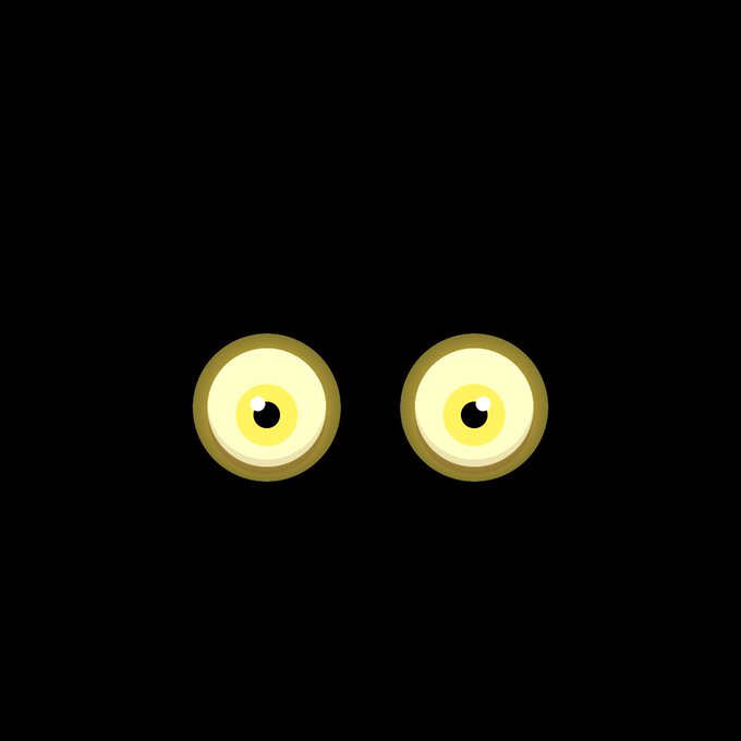 Two yellow circular eyes peer out from a completely black background in a minimalist design.