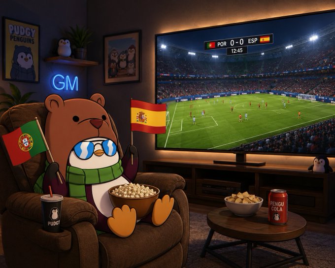 A cartoon scene of a penguin wearing a bear costume and scarf, holding Portugal and Spain flags, watching a soccer match (POR 0-0 ESP) on TV with snacks and a 'PENGU COLA' can nearby.