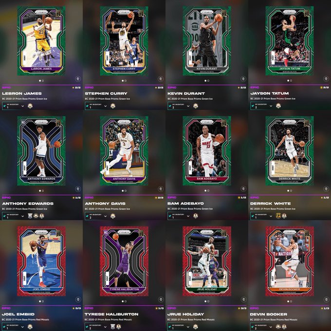 A 3x4 grid of digital basketball trading cards from the Panini '2020-21 Prism Base' set, featuring NBA players including LeBron James, Stephen Curry, Kevin Durant, Jayson Tatum, Anthony Edwards, Anthony Davis, Bam Adebayo, Derrick White, Joel Embiid, Tyrese Haliburton, Jrue Holiday, and Devin Booker.