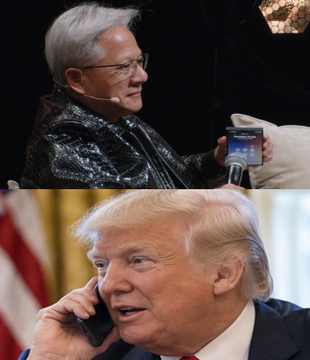 The image depicts a split composition showing two men: on top, Jensen Huang, the CEO of NVIDIA, recognizable by his signature black leather jacket and glasses, appearing to take a phone call; on the bottom, President Donald Trump is shown talking on a phone.

This image aligns with the breaking news caption about Trump's live conversation with Jensen Huang, where Trump dismisses AI risks as a "hoax" and criticizes slowdown theories, supposedly answering a call from the NVIDIA CEO during a discussion on AI safety.