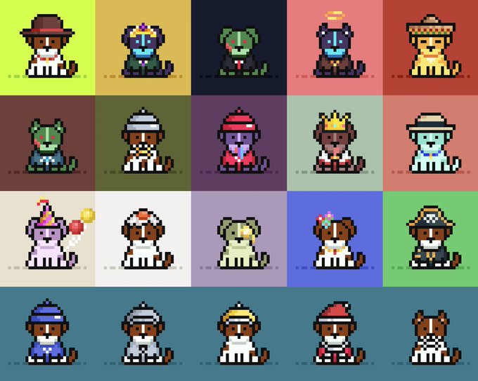 A 4x5 grid displays 20 pixel-art NFT characters (resembling CryptoPunks-style avatars) with varying skin tones, outfits, and accessories, each set against a different solid color background. The accompanying post references multiple NFT projects (DePunks, Normies, Stonkbrokers, RH machines, $PRINTER), suggesting the image serves as a visual showcase or celebration of these alt-NFT collections alongside their past price predictions.