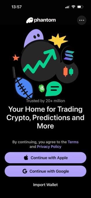 A mobile app screenshot for 'Phantom' wallet with the tagline 'Your Home for Trading Crypto, Predictions and More', featuring 'Continue with Apple' and 'Continue with Google' buttons.