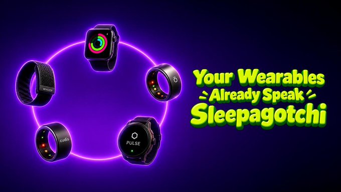 A purple-themed promotional graphic featuring various wearable devices (Whoop, Apple Watch, and Oura-style smart rings) with the text 'Your Wearables Already Speak Sleepagotchi'.