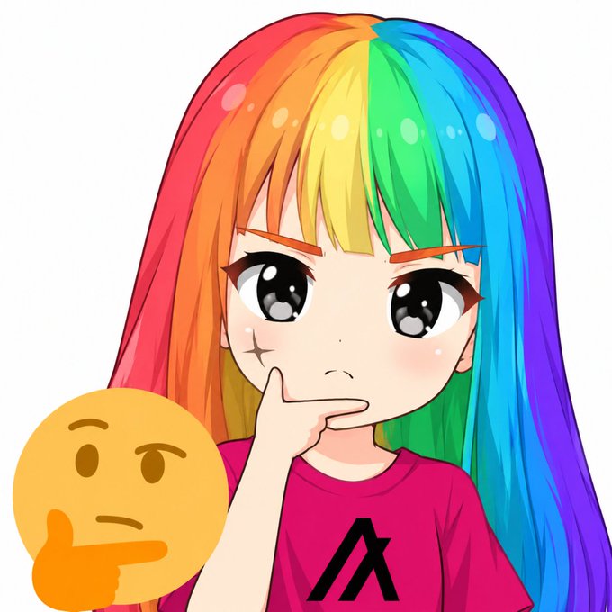 An anime-style illustration of a girl with rainbow-colored hair wearing a pink shirt with a triangular logo, accompanied by a thinking face emoji.