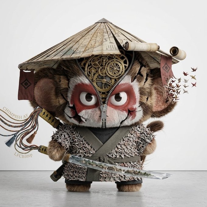 A cute, fierce-looking monkey character wearing a conical hat with exposed clock gears on its forehead, holding a sword and a tasseled rope accessory in a martial arts outfit.