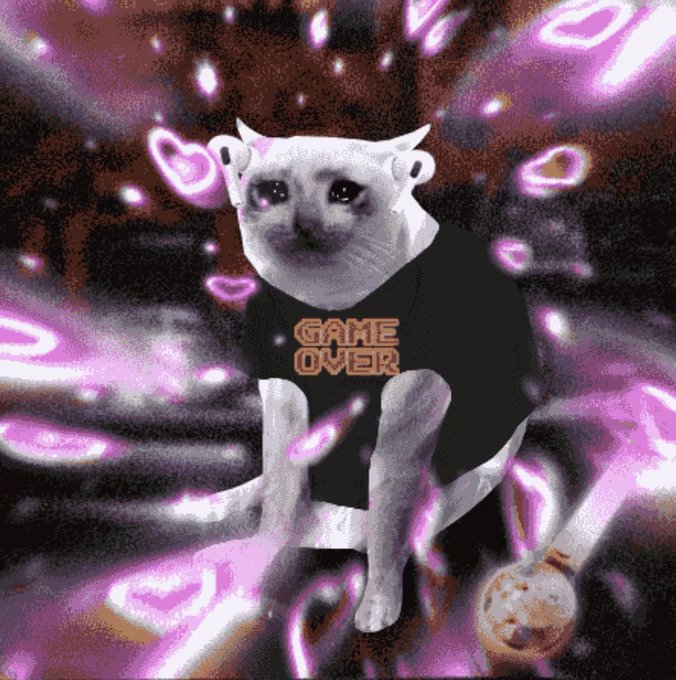 A sad cat wearing headphones and a "GAME OVER" t-shirt sits amid a surreal pink and purple cosmic background filled with glowing hearts and energy waves, visually reinforcing the post's message about scarcity and FOMO with a retro arcade-game "game over" motif urging viewers not to miss the remaining rare NFTs under 0.06 ETH.