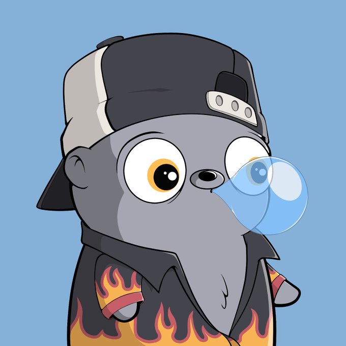 Cartoon NFT character of a grey animal wearing a backwards cap, blowing a bubble, and wearing a black shirt with flames.