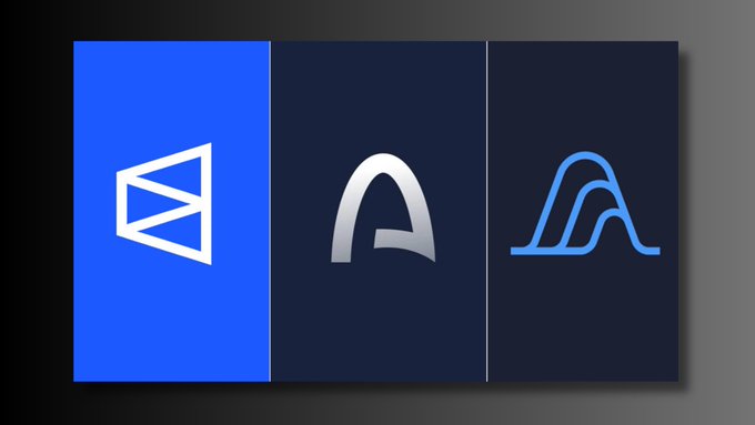 The image features a collage of three different logos, including an image of an upward-pointing arrow (a), a wave shape with blue color (b), and another logo in white (c). These logos are placed side by side on a black background. Below this graphic, there's text that reads "The next big airdrops are coming from 3 projects. If you miss them now you will cry later for sure." This caption provides information about the logos and their relation to the image, and suggests that they may be related to a project or idea.