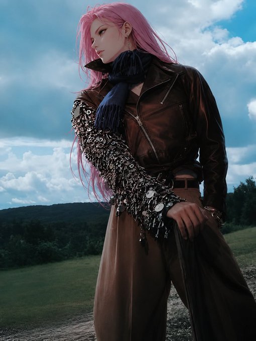 A fashion editorial photo features a model with long pink hair wearing a brown leather jacket with a textured sleeve, standing outdoors against a cloudy sky.