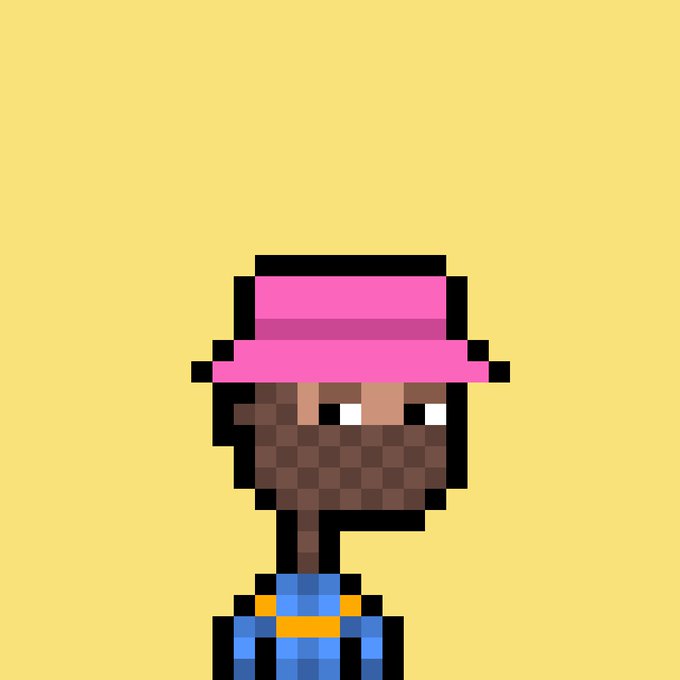 A pixel art illustration shows a character with brown skin wearing a pink hat and a blue and yellow outfit against a yellow background.