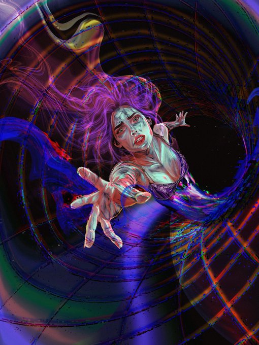A surreal digital artwork of a woman with wild pink hair and red eyes reaching out with her hand inside a colorful, iridescent cylindrical tunnel.