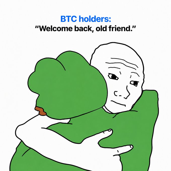 A classic Wojak hugs a Pepe frog in a wholesome embrace, captioned **"BTC holders: 'Welcome back, old friend.'"** — perfectly matching the post celebrating $BTC returning to $66k, a nostalgic milestone not seen since June.