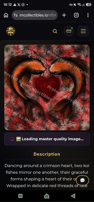 A mobile screenshot from imcollectibles.io/nft/l showing an NFT artwork of two koi fish forming a heart shape, with a description beginning 'Dancing around a crimson heart, two koi fishes mirror one another, their graceful forms shaping a heart of their o...Wrapped in delicate red threads of fate...'