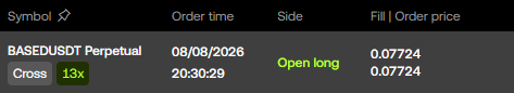 The image shows a trading order entry displaying a long position for BASEDUSDT Perpetual at a price of 0.07724 with 1.3x cross leverage, timestamped 08/08/2026 at 20:30:29. This corresponds to the post about opening a $BASED long position from a backup account ("yedek hesaptan"), as indicated by the green "Open long" label and "Cross 1.3x" leverage setting visible in the order details.