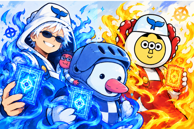 An anime-style illustration depicts characters including a white-haired boy with sunglasses and a penguin character in a blue hood, alongside another figure in white, all holding glowing blue cards against a background of blue and orange flames.