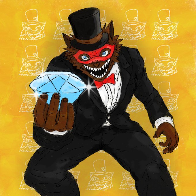 An anthropomorphic wolf character in a black tuxedo, top hat, and red mask holds up a large blue diamond against a yellow background with repeating wolf illustrations.