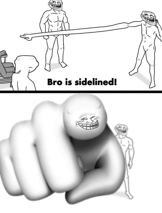 The image features a cartoon depiction of a fist with a face, which appears to be making a peace sign or giving a thumbs up gesture. Below this scene, there are two lines of text that read "Bro is sidedeled!" and "Focus on what is in the image and how it relates to the post". The fist's expression suggests a sense of humor or lightheartedness, possibly indicating that the post is meant to be humorous or satirical rather than serious.