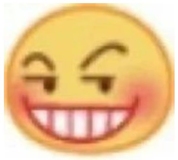 A pixelated yellow smiley face emoji with raised eyebrows, narrow eyes, flushed cheeks, and a wide grin showing large teeth.