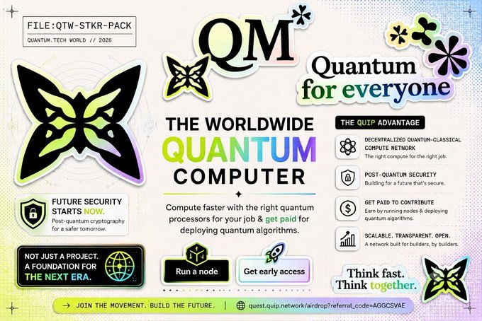 A promotional sticker-style graphic for 'Quantum for everyone' / 'THE WORLDWIDE QUANTUM COMPUTER' featuring butterflies, text about post-quantum cryptography, and links to quest.quip.network with referral code AGGCSVAE.