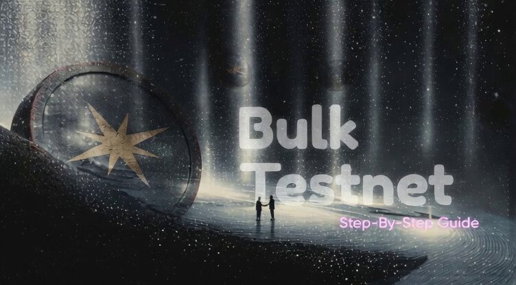 The image features a couple standing next to each other, with a large planet behind them. The background of the image has stars scattered across it, creating an atmosphere reminiscent of outer space. In front of the couple, there's a large planet that appears to be floating in the sky. The text "Bulk Testnet" is written above and below the couple, indicating that they are participating in a test for a new cryptocurrency called "bulk".