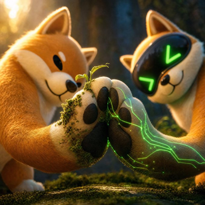 A 3D-rendered image of two fox-like characters bumping their paws together, with one paw covered in moss and a sprouting plant, and the other having green glowing circuit-like lines and a digital visor.