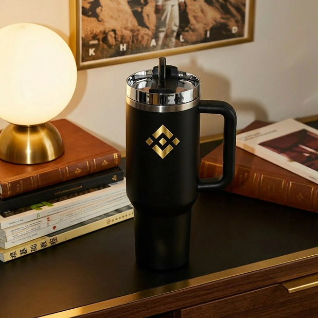 A black insulated travel mug featuring a gold cryptocurrency-style logo (resembling the Binance emblem) sits on a wooden desk beside stacked books and a brass-based lamp, under a framed poster reading "KHALID." The image complements the Ukrainian caption "Хотіли б таку чашку?" ("Would you like such a cup?") by showcasing the stylish, crypto-themed tumbler being offered.