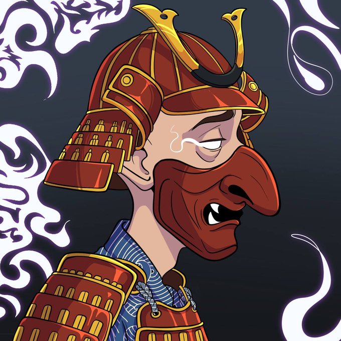 A cartoon samurai with a tall red mask, exaggerated features, and a red helmet with golden ornaments is depicted in an exaggerated, comical style against a dark background with white swirling motifs.