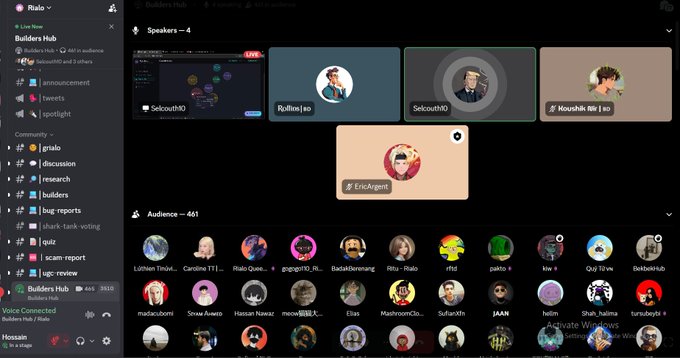 The image shows a Discord voice call interface from the "Rialo" server, specifically the "Builders Hub" channel with 461 audience members, displaying 4 active speakers: "Seksouth10," "Raiko," "Seksouth10" (again), "Moushiki," and "Eric4gent" on stage, along with a grid of audience avatars below. The post discusses yesterday's Builders Hub session where two projects were presented on Rialo, with the first being "Rialo Signal," and this screenshot captures the live virtual meeting where these presentations likely took place.
