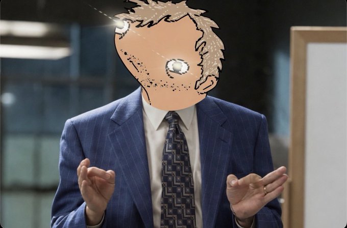 A man in a blue pinstripe suit and patterned tie gestures with open hands while his face has been crudely drawn over with a cartoonish anime-style sketch featuring blank eyes and spiky hair. The edited image humorously represents the post's metaphor about $SELLER having "the sauce," portraying the subject as a meme-like figure delivering something special beyond just tokens.
