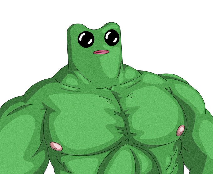 A muscular, cartoon-style green frog character with big shiny eyes, bulging chest, and small pink nipples — the bold, fist-forward mascot for the cryptocurrency token $FWOG (Flwog), reinforcing the meme's playful "Fwog still here" message.