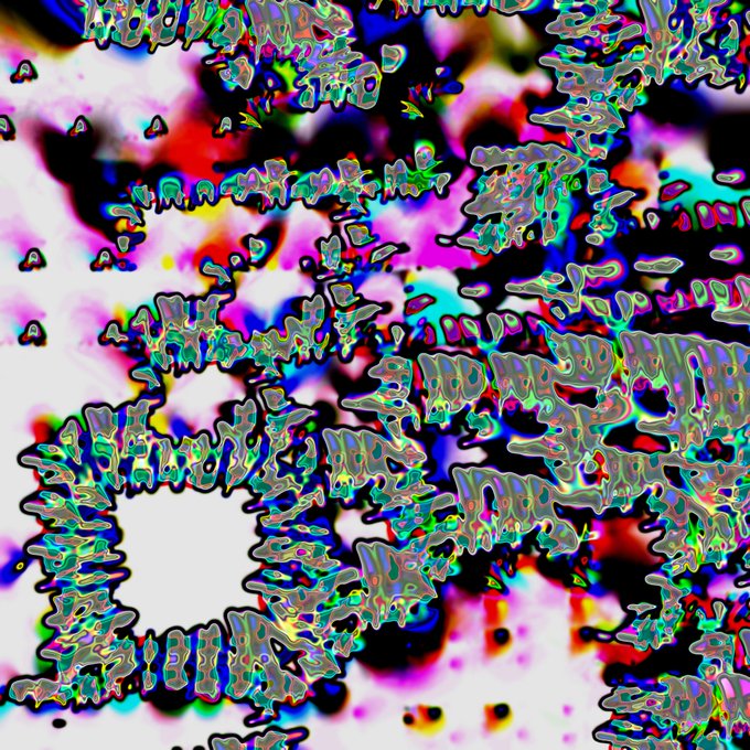 An abstract, glitch-art image with distorted, swirling patterns in vibrant colors including pink, blue, green, and black with white space scattered throughout.