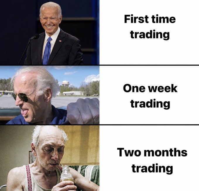 This three-panel meme compares different stages of trading experience, using images of Joe Biden to depict the transition from "First time trading" (smiling) to "One week trading" (excited), and finally "Two months trading" (depicted by a disheveled man).