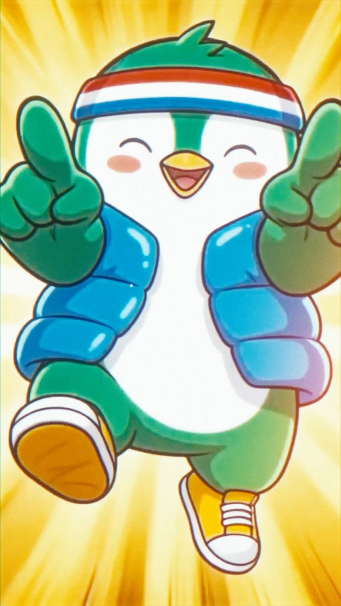 A cheerful cartoon penguin wearing a red, white, and blue headband and blue puffer vest runs forward with both thumbs up against a radiant yellow background, embodying the enthusiastic spirit of the Pudgy Penguins community shoutout.