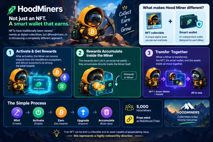 A promotional graphic for 'HoodMiners' explains that NFTs are now smart wallets that earn, illustrating a process of minting, activating, earning, upgrading, and accumulating using cartoon miner characters.