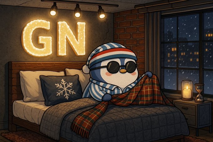 A cozy bedroom scene featuring a penguin-like character in striped pajamas, sunglasses, and a scarf sitting in bed under a plaid blanket, with illuminated 'GN' letters glowing on the wall above and snow falling outside the window.