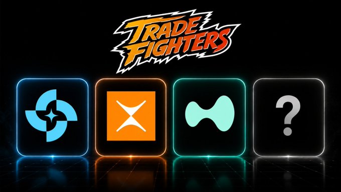 A 'TRADE FIGHTERS' banner featuring four glowing icons including cryptocurrency logos and a question mark box.