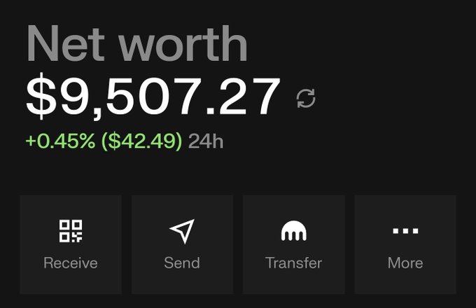 A cryptocurrency wallet app interface displaying a net worth of $9,507.27, up 0.45% ($42.49) in the last 24 hours, with buttons for Receive, Send, Transfer, and More.