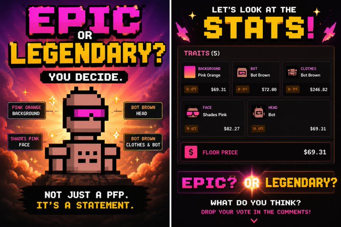 A promotional graphic for a pixelated PFP NFT asking 'EPIC OR LEGENDARY? YOU DECIDE' with stats listing traits like Pink Orange Background, Bot Brown clothes, and Shades Pink face, showing a floor price of $69.31.